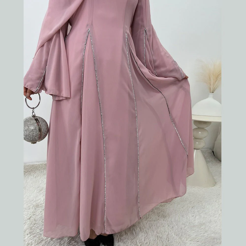 Elegant Chiffon Abaya Set with Hijab | Round Neck Bell Sleeve Maxi Dress with Rhinestone Trim (MA325) - Image 6