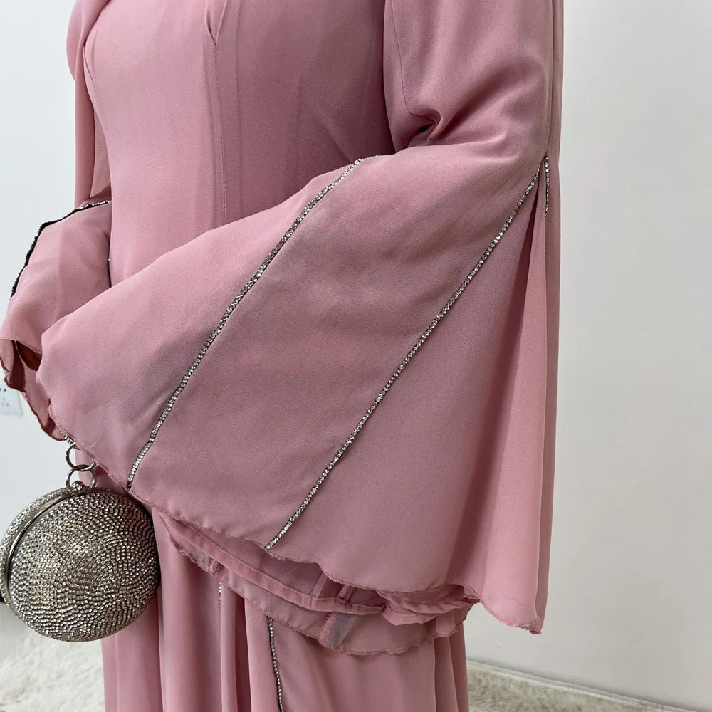 Elegant Chiffon Abaya Set with Hijab | Round Neck Bell Sleeve Maxi Dress with Rhinestone Trim (MA325) - Image 7