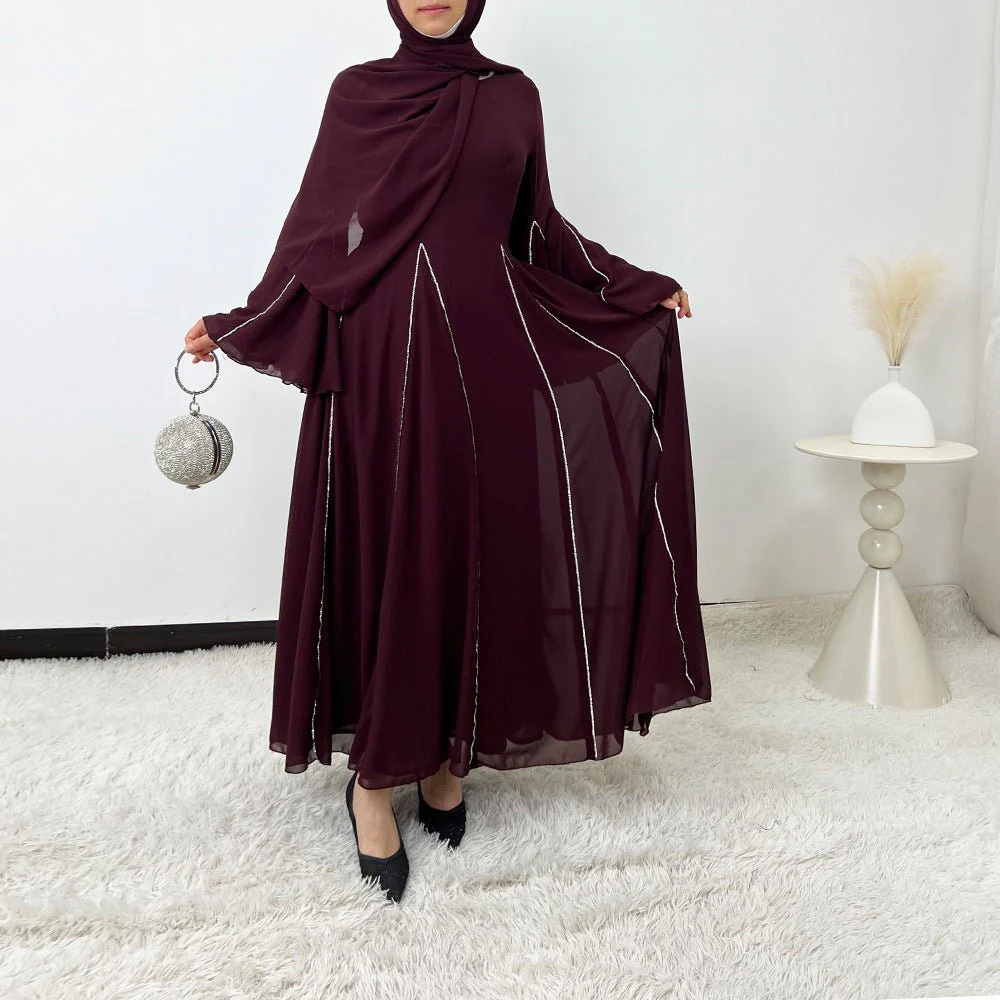 Elegant Chiffon Abaya Set with Hijab | Round Neck Bell Sleeve Maxi Dress with Rhinestone Trim (MA325) - Image 9