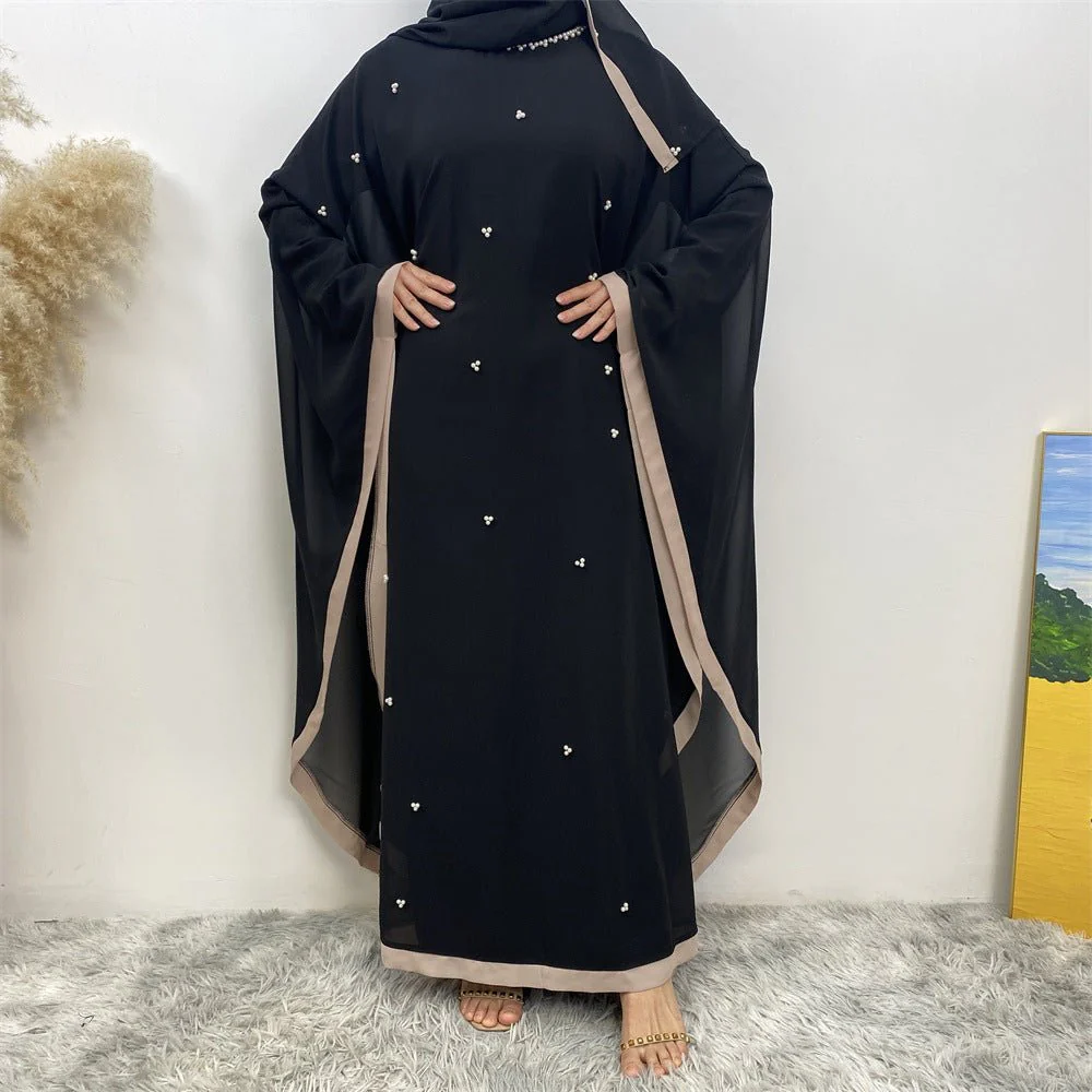 Elegant Chiffon Abaya With Batwing Sleeve | Loose Robe Abaya With Pearl Embellishments (MA183) - Image 10