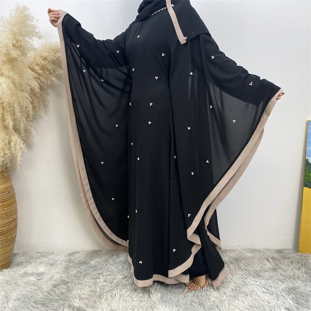 Elegant Chiffon Abaya With Batwing Sleeve | Loose Robe Abaya With Pearl Embellishments (MA183) - Image 11