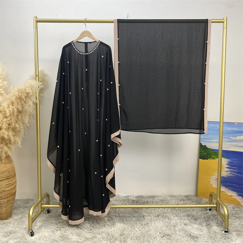Elegant Chiffon Abaya With Batwing Sleeve | Loose Robe Abaya With Pearl Embellishments (MA183) - Image 13