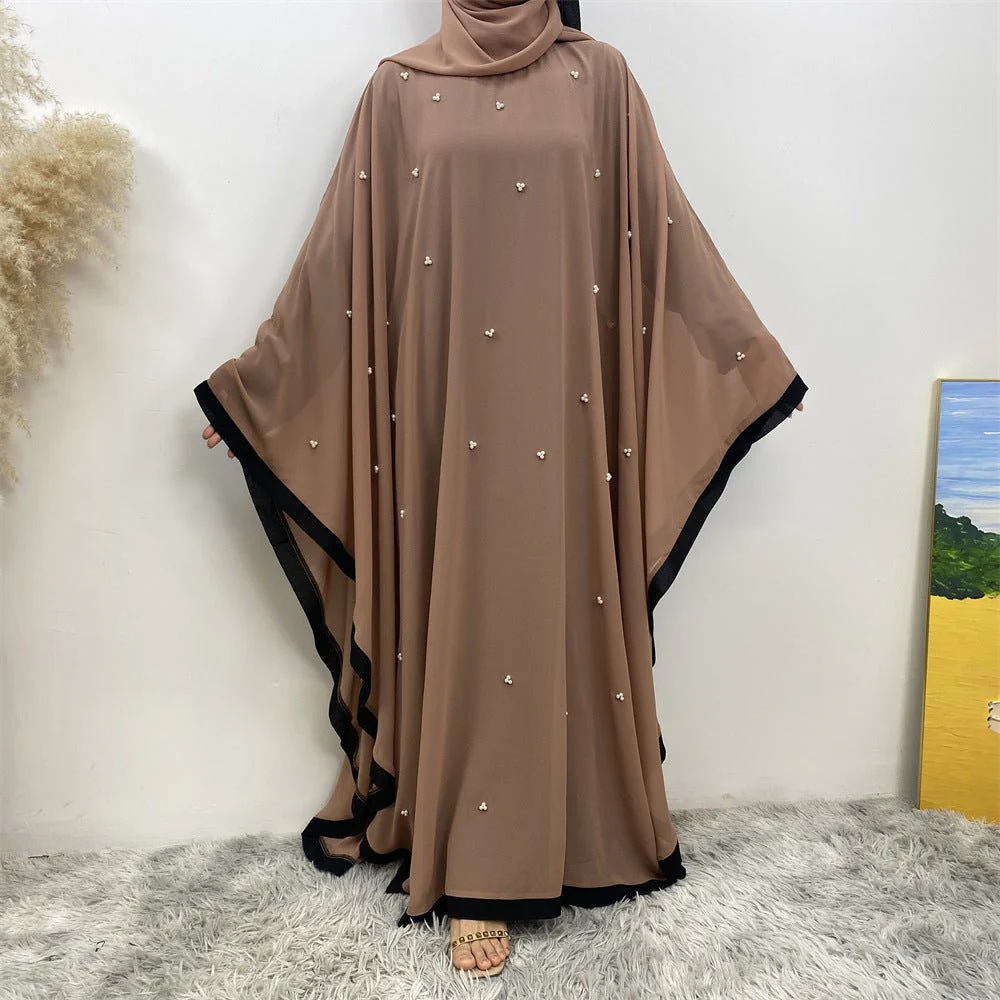 Elegant Chiffon Abaya With Batwing Sleeve | Loose Robe Abaya With Pearl Embellishments (MA183) - Image 16
