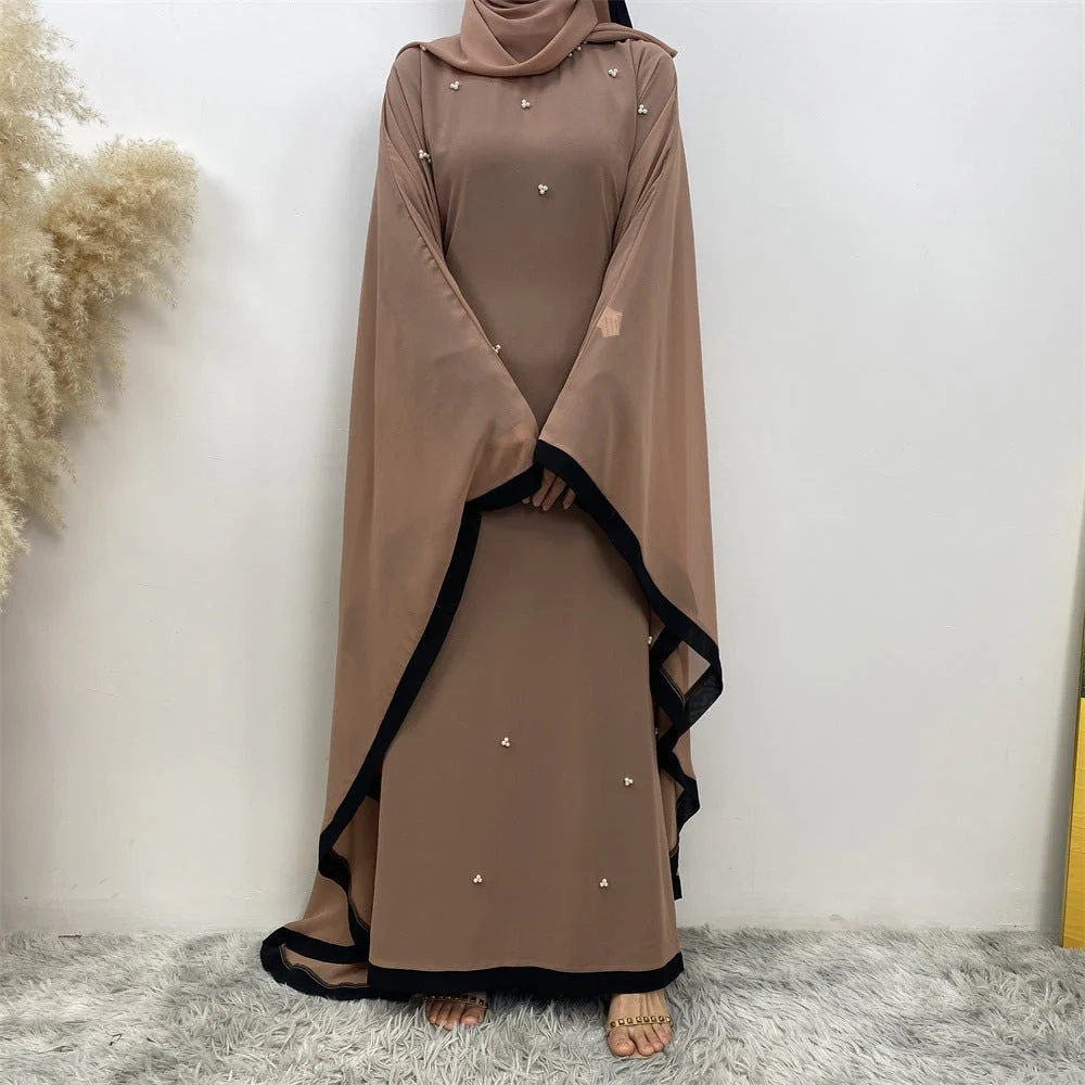 Elegant Chiffon Abaya With Batwing Sleeve | Loose Robe Abaya With Pearl Embellishments (MA183) - Image 17