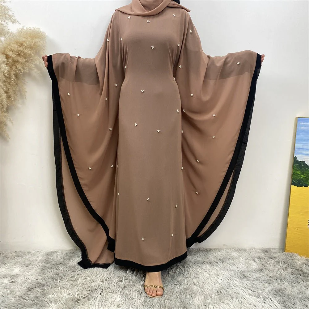 Elegant Chiffon Abaya With Batwing Sleeve | Loose Robe Abaya With Pearl Embellishments (MA183) - Image 18