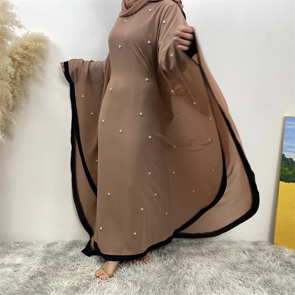 Elegant Chiffon Abaya With Batwing Sleeve | Loose Robe Abaya With Pearl Embellishments (MA183) - Image 19