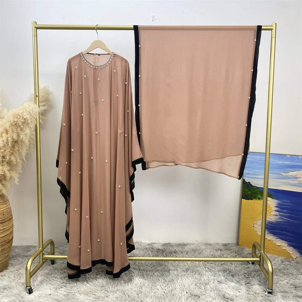 Elegant Chiffon Abaya With Batwing Sleeve | Loose Robe Abaya With Pearl Embellishments (MA183) - Image 22