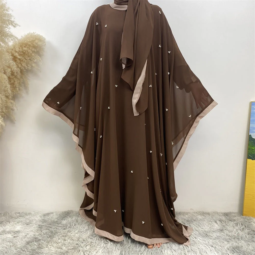 Elegant Chiffon Abaya With Batwing Sleeve | Loose Robe Abaya With Pearl Embellishments (MA183) - Image 25