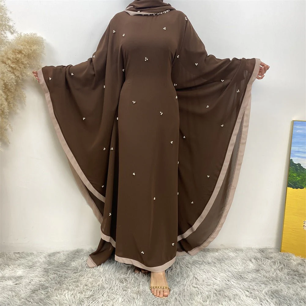 Elegant Chiffon Abaya With Batwing Sleeve | Loose Robe Abaya With Pearl Embellishments (MA183) - Image 28