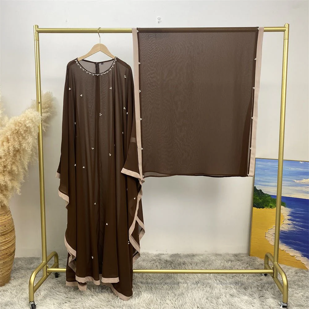 Elegant Chiffon Abaya With Batwing Sleeve | Loose Robe Abaya With Pearl Embellishments (MA183) - Image 29