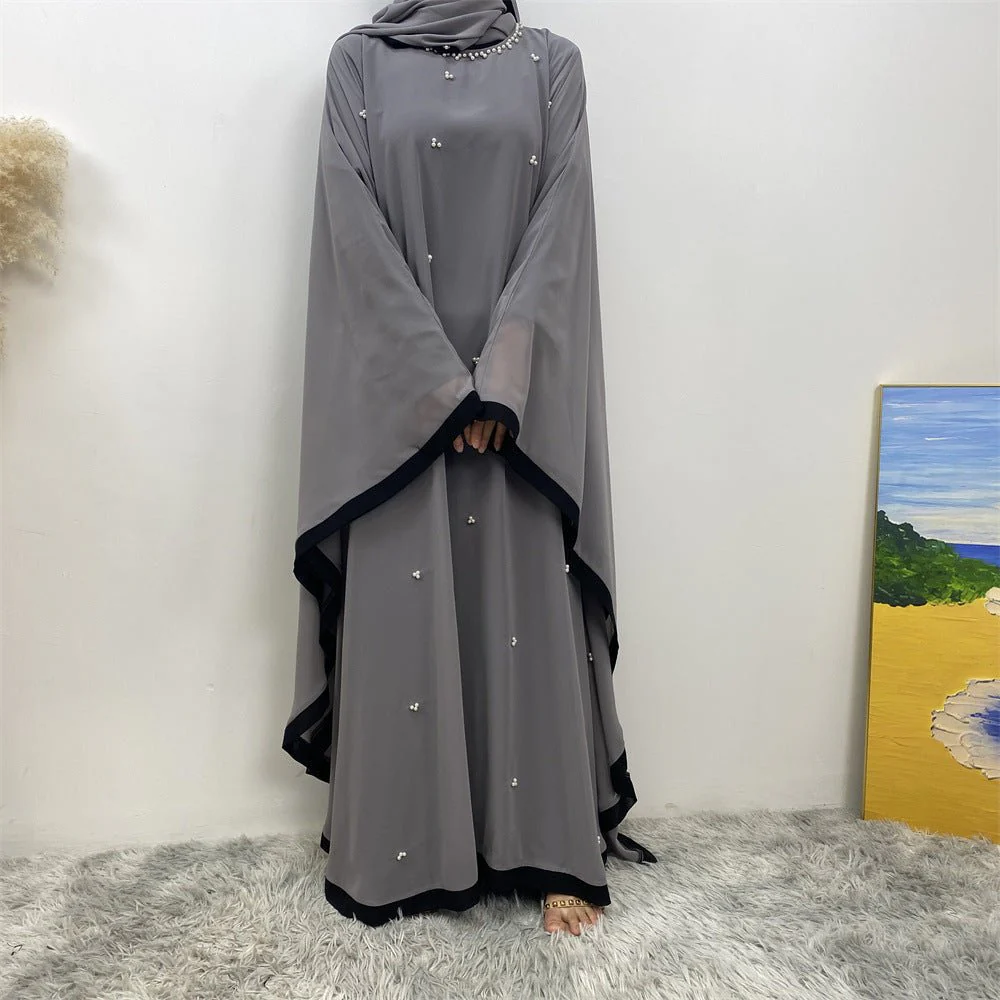 Elegant Chiffon Abaya With Batwing Sleeve | Loose Robe Abaya With Pearl Embellishments (MA183) - Image 32