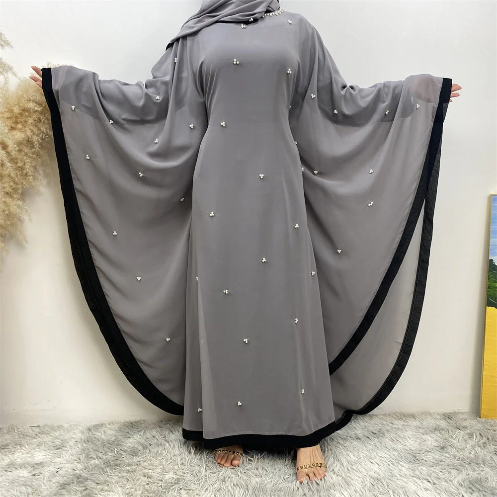 Elegant Chiffon Abaya With Batwing Sleeve | Loose Robe Abaya With Pearl Embellishments (MA183) - Image 33