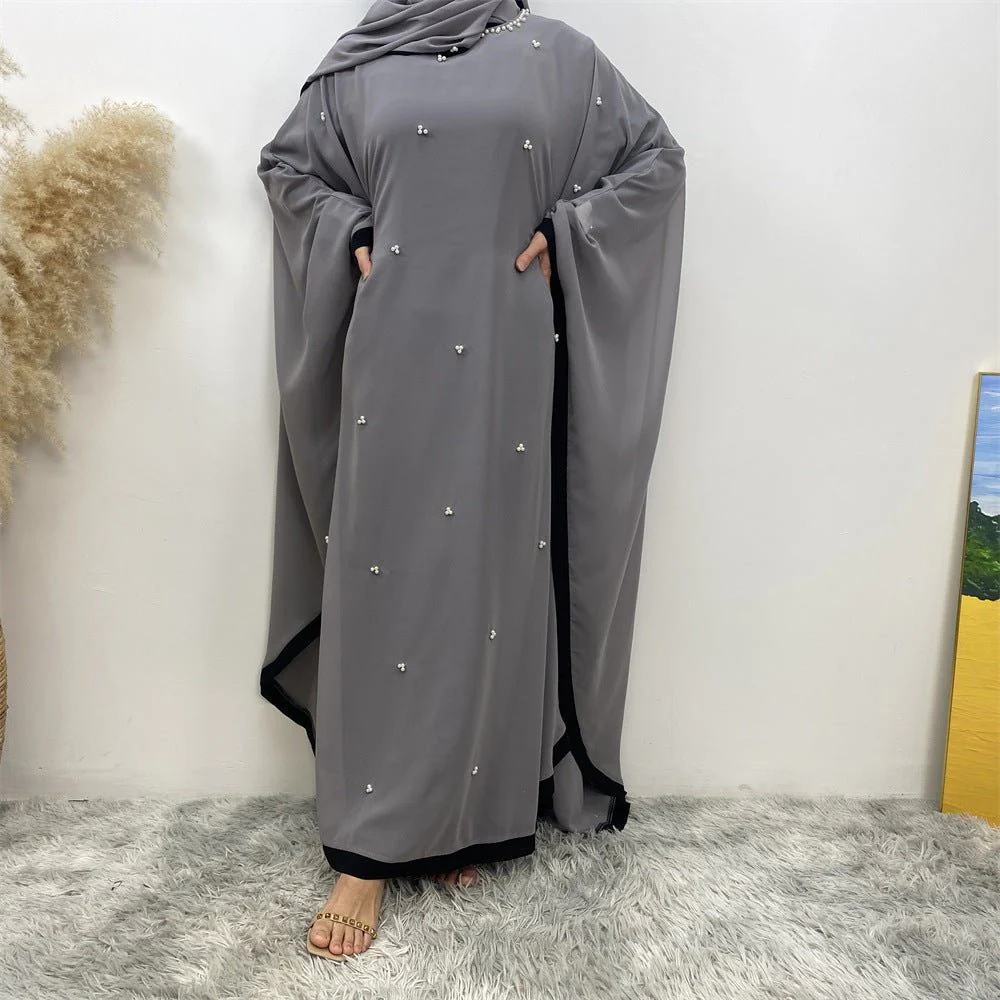 Elegant Chiffon Abaya With Batwing Sleeve | Loose Robe Abaya With Pearl Embellishments (MA183) - Image 34