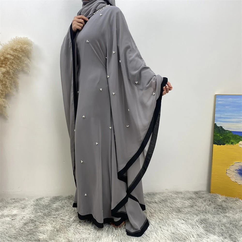 Elegant Chiffon Abaya With Batwing Sleeve | Loose Robe Abaya With Pearl Embellishments (MA183) - Image 35