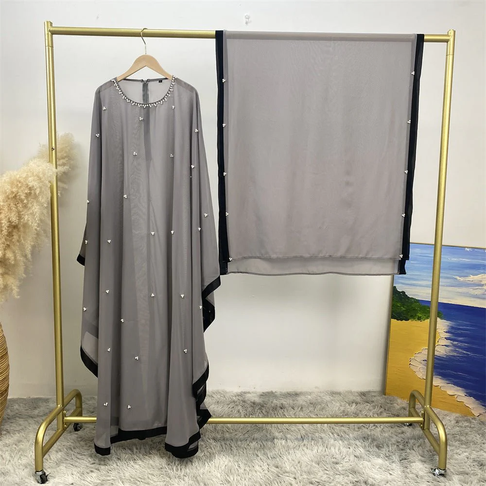 Elegant Chiffon Abaya With Batwing Sleeve | Loose Robe Abaya With Pearl Embellishments (MA183) - Image 38