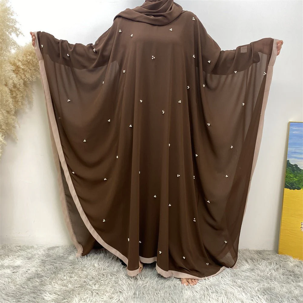 Elegant Chiffon Abaya With Batwing Sleeve | Loose Robe Abaya With Pearl Embellishments (MA183) - Image 4