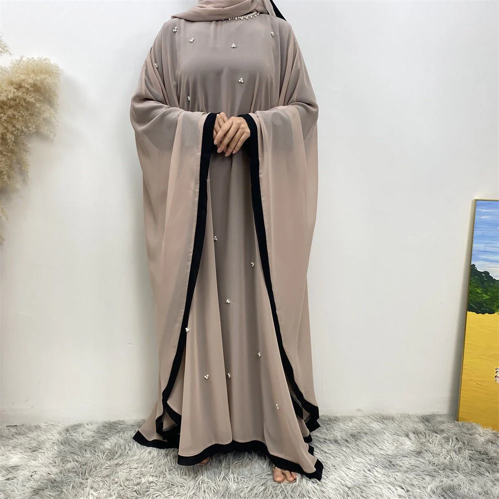 Elegant Chiffon Abaya With Batwing Sleeve | Loose Robe Abaya With Pearl Embellishments (MA183) - Image 40
