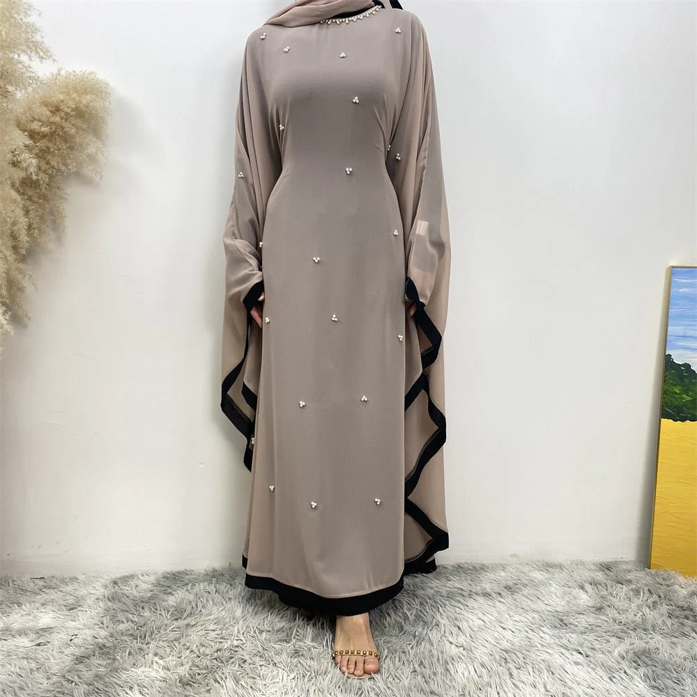 Elegant Chiffon Abaya With Batwing Sleeve | Loose Robe Abaya With Pearl Embellishments (MA183) - Image 43