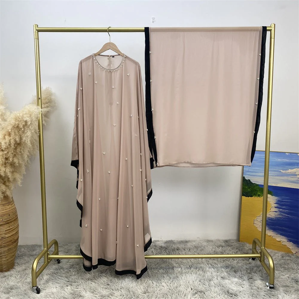 Elegant Chiffon Abaya With Batwing Sleeve | Loose Robe Abaya With Pearl Embellishments (MA183) - Image 46