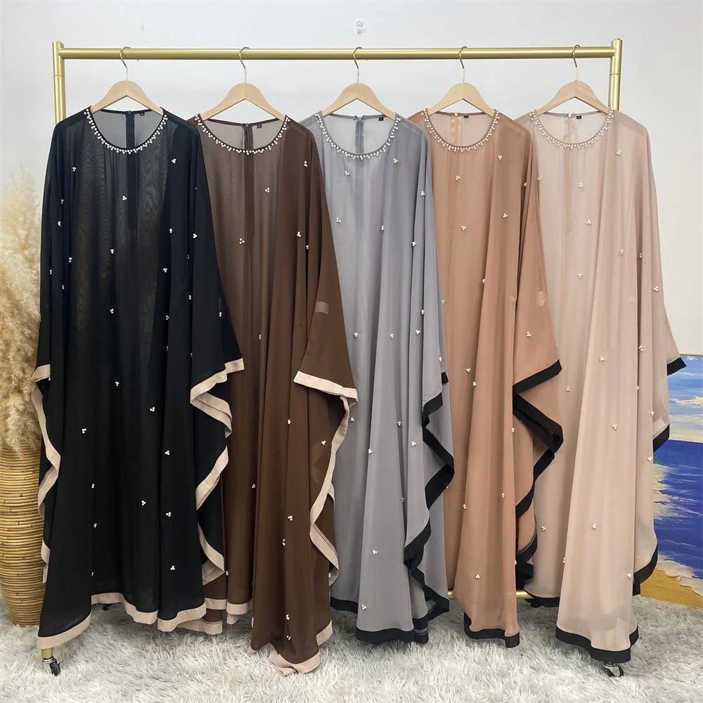 Elegant Chiffon Abaya With Batwing Sleeve | Loose Robe Abaya With Pearl Embellishments (MA183) - Image 47