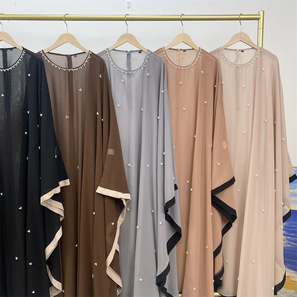Elegant Chiffon Abaya With Batwing Sleeve | Loose Robe Abaya With Pearl Embellishments (MA183) - Image 48