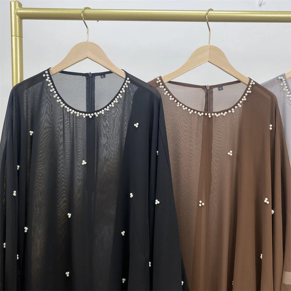 Elegant Chiffon Abaya With Batwing Sleeve | Loose Robe Abaya With Pearl Embellishments (MA183) - Image 49