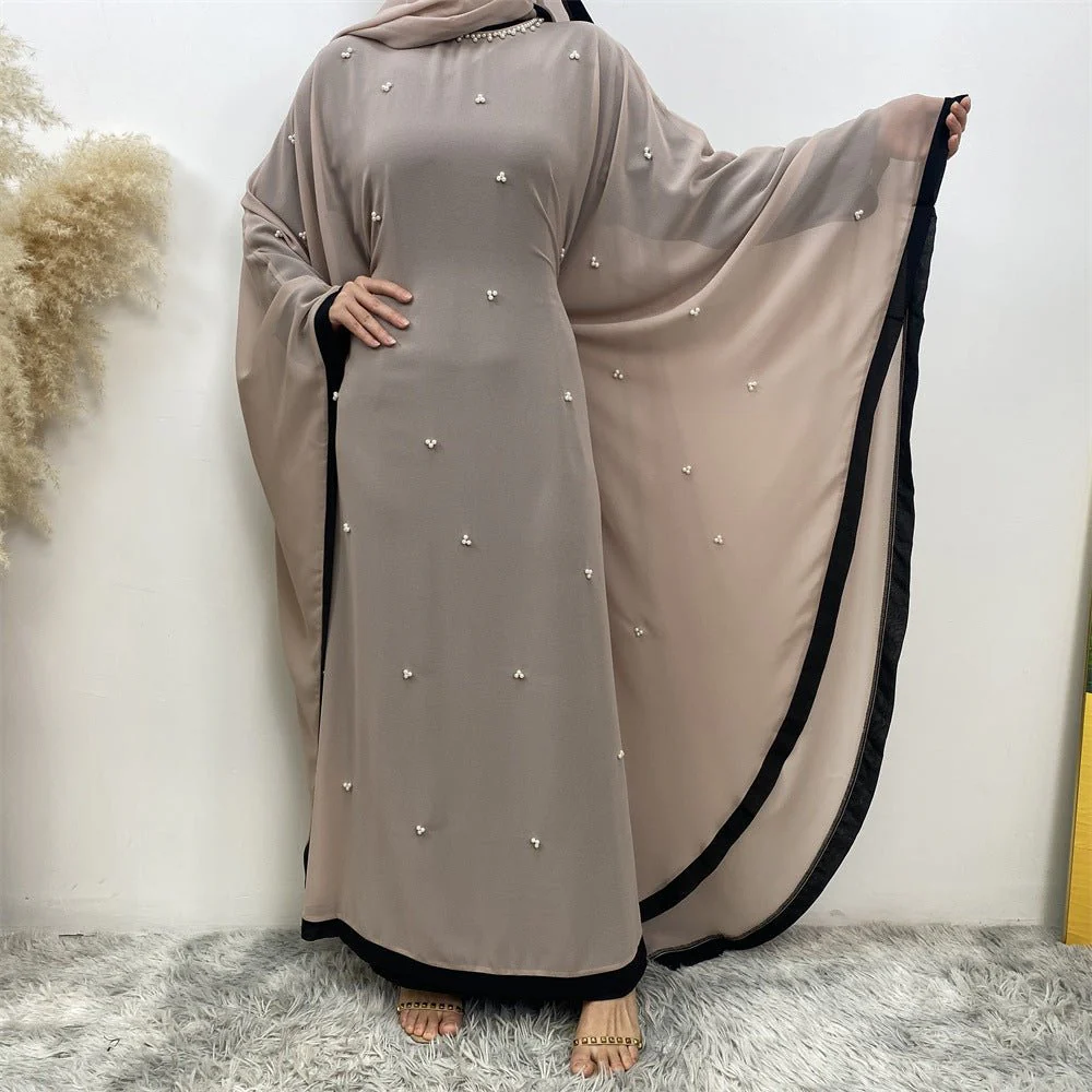 Elegant Chiffon Abaya With Batwing Sleeve | Loose Robe Abaya With Pearl Embellishments (MA183) - Image 5