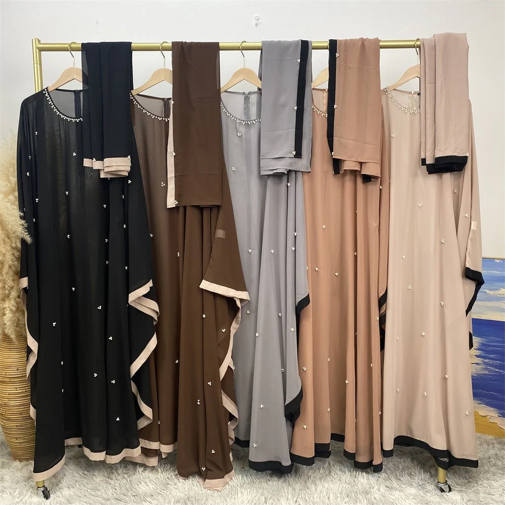 Elegant Chiffon Abaya With Batwing Sleeve | Loose Robe Abaya With Pearl Embellishments (MA183) - Image 50
