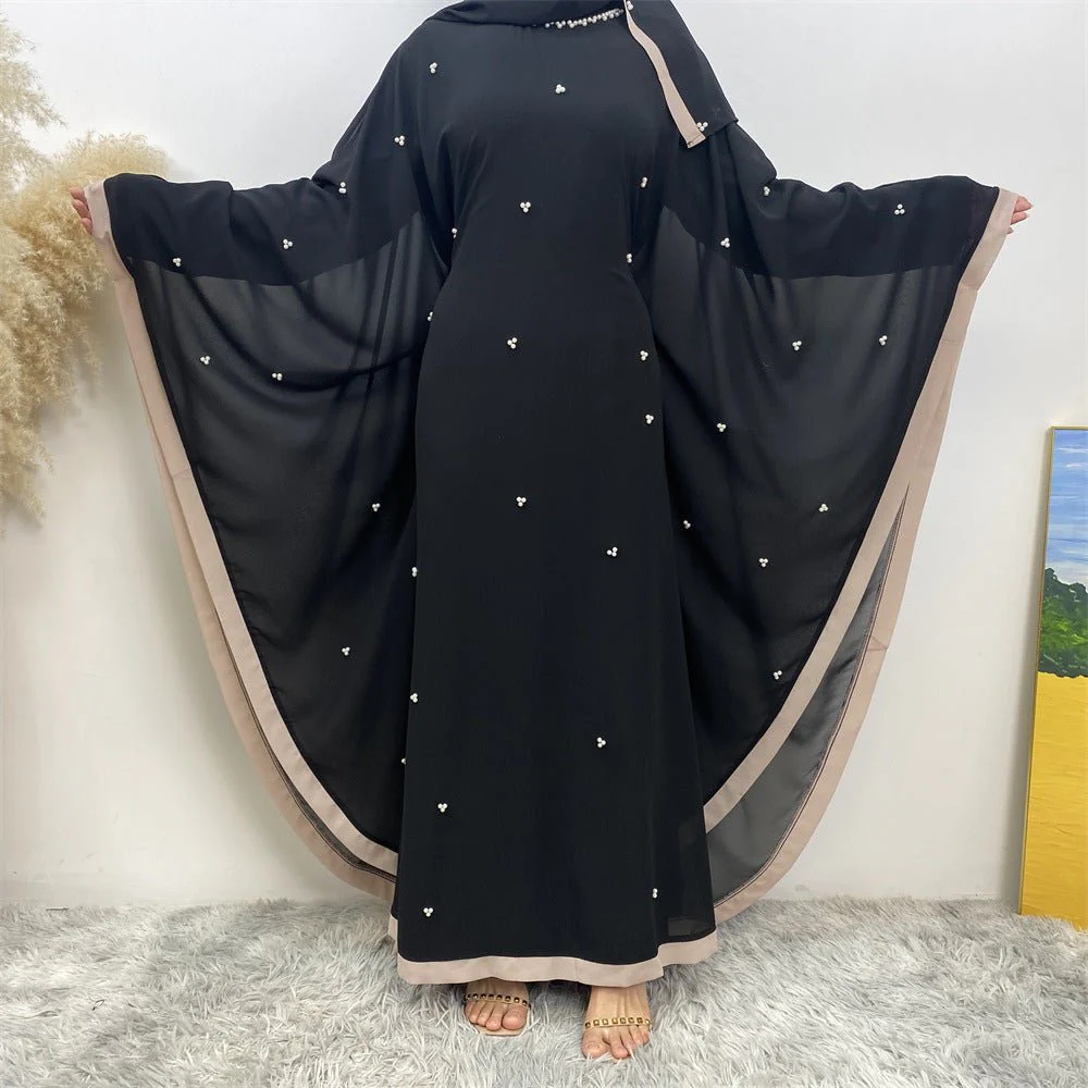 Elegant Chiffon Abaya With Batwing Sleeve | Loose Robe Abaya With Pearl Embellishments (MA183) - Image 52