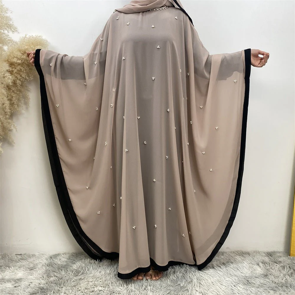 Elegant Chiffon Abaya With Batwing Sleeve | Loose Robe Abaya With Pearl Embellishments (MA183) - Image 53