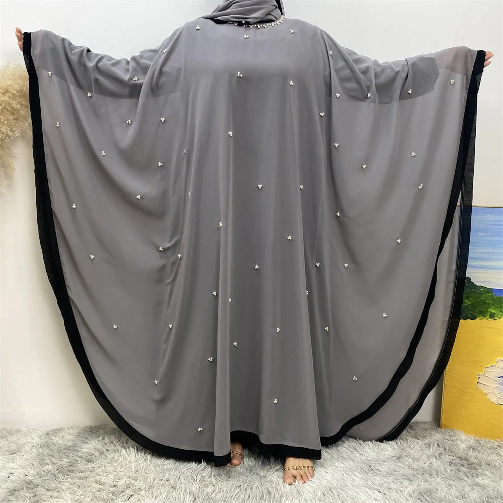 Elegant Chiffon Abaya With Batwing Sleeve | Loose Robe Abaya With Pearl Embellishments (MA183) - Image 6