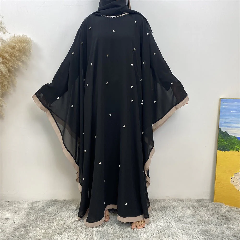 Elegant Chiffon Abaya With Batwing Sleeve | Loose Robe Abaya With Pearl Embellishments (MA183) - Image 8