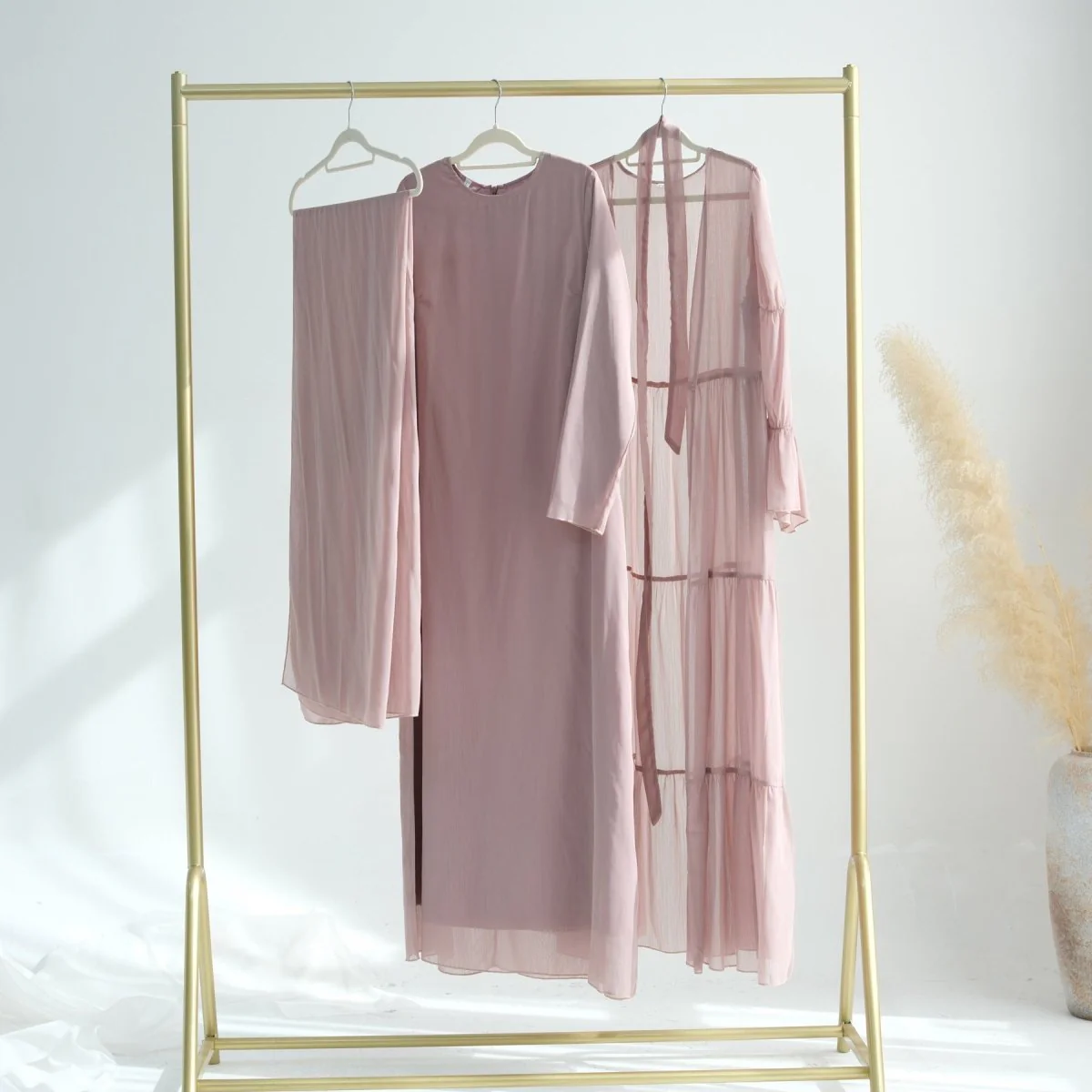 Elegant Chiffon Wrinkle Abaya | Three-Piece Set Modest Muslim Chiffon Abaya (MOA155) - Image 24