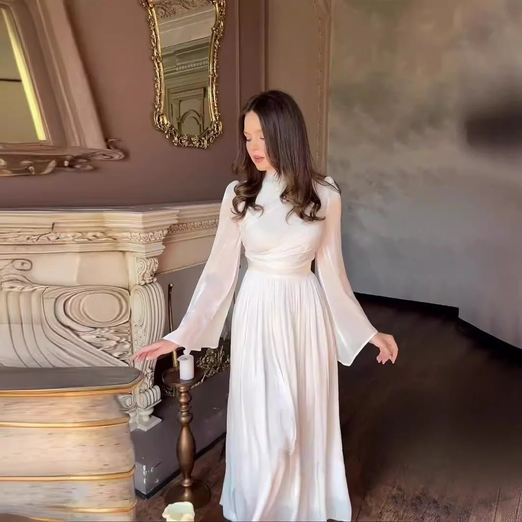 Elegant French Waist Pleated Half-Turtleneck Flared Sleeve Dresses Abaya Wedding Guest Gown (MA199) - Image 3