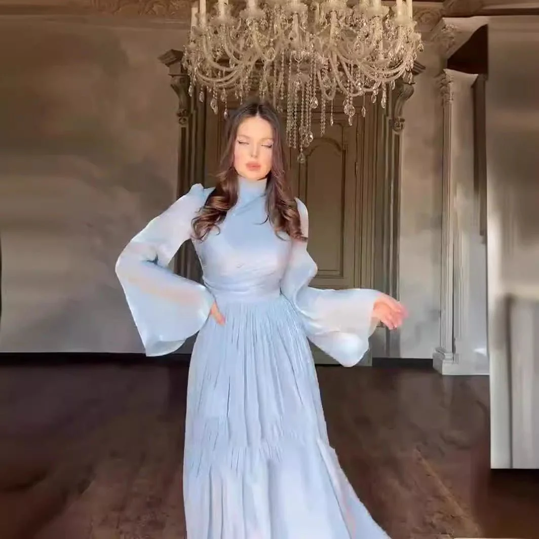 Elegant French Waist Pleated Half-Turtleneck Flared Sleeve Dresses Abaya Wedding Guest Gown (MA199) - Image 4
