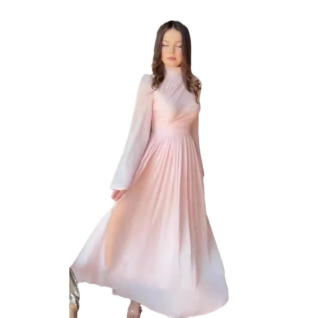 Elegant French Waist Pleated Half-Turtleneck Flared Sleeve Dresses Abaya Wedding Guest Gown (MA199) - Image 5