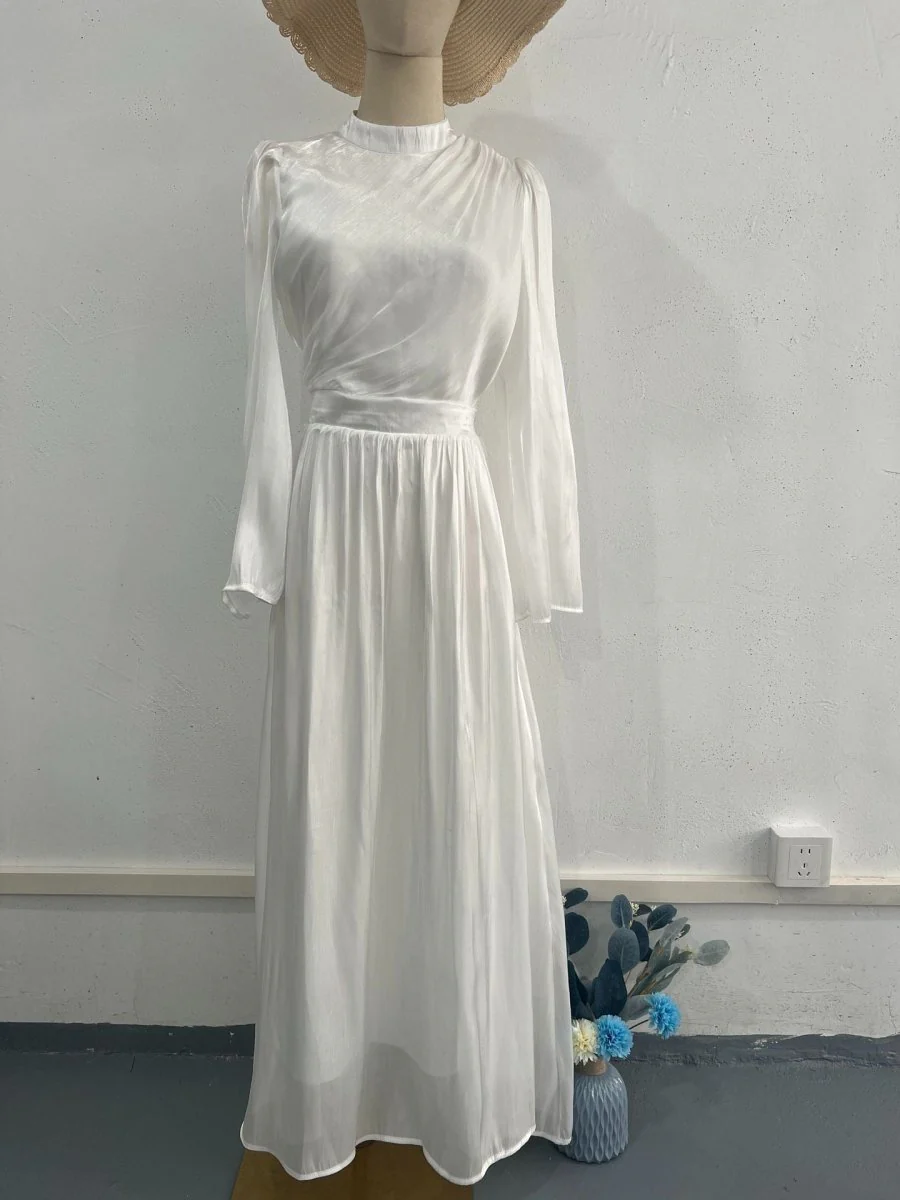 Elegant French Waist Pleated Half-Turtleneck Flared Sleeve Dresses Abaya Wedding Guest Gown (MA199) - Image 6