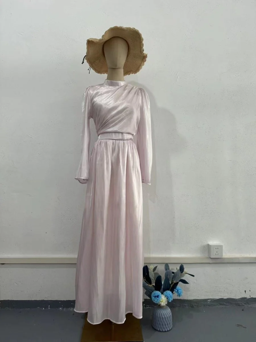 Elegant French Waist Pleated Half-Turtleneck Flared Sleeve Dresses Abaya Wedding Guest Gown (MA199) - Image 7