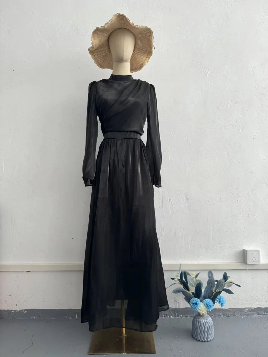 Elegant French Waist Pleated Half-Turtleneck Flared Sleeve Dresses Abaya Wedding Guest Gown (MA199) - Image 9