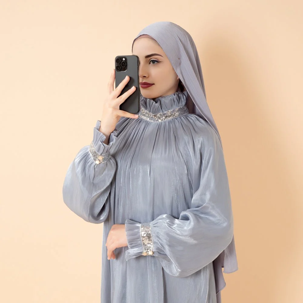 Elegant Glossy Flower Cuff Sequinned Abaya | Glossy Abaya With Sequins (MA140) - Image 11