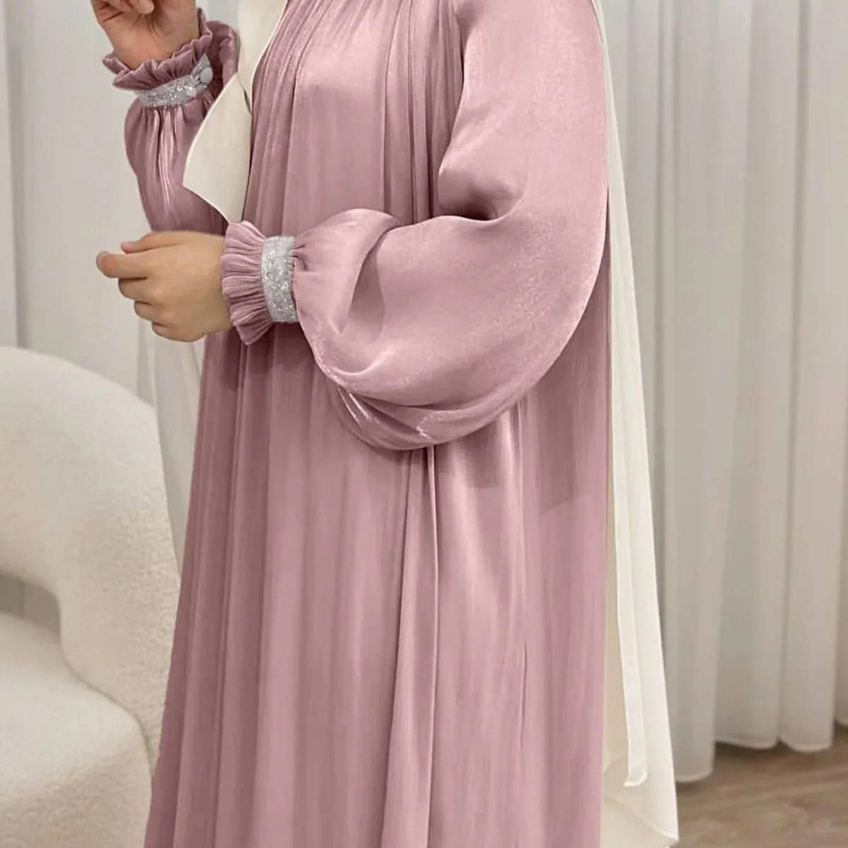 Elegant Glossy Flower Cuff Sequinned Abaya | Glossy Abaya With Sequins (MA140) - Image 22