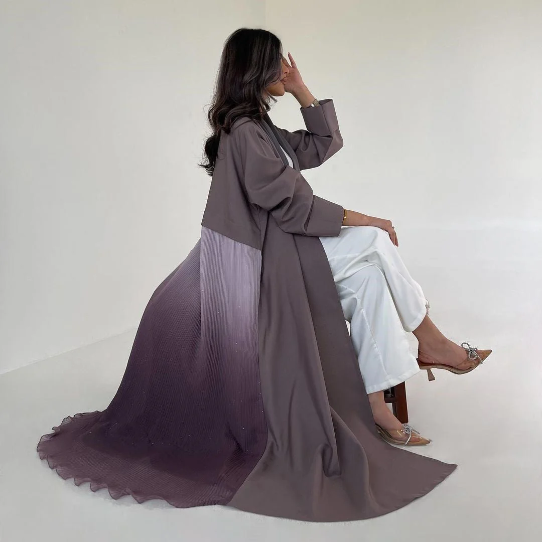 Elegant Gradient Pleated Abaya Robe | Modest Muslim Chiffon Maxi Dress (MOA223)