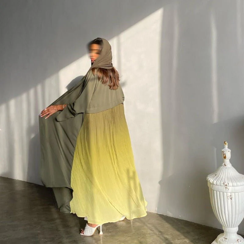 Elegant Gradient Pleated Abaya Robe | Modest Muslim Chiffon Maxi Dress (MOA223) - Image 14