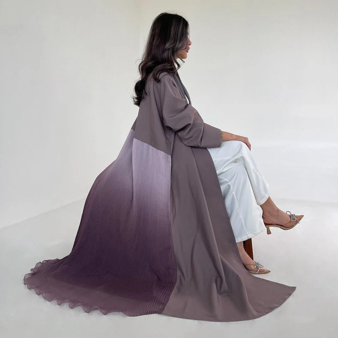 Elegant Gradient Pleated Abaya Robe | Modest Muslim Chiffon Maxi Dress (MOA223) - Image 2