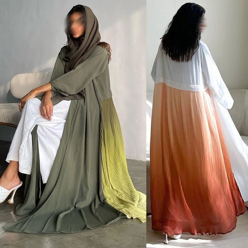 Elegant Gradient Pleated Abaya Robe | Modest Muslim Chiffon Maxi Dress (MOA223) - Image 9