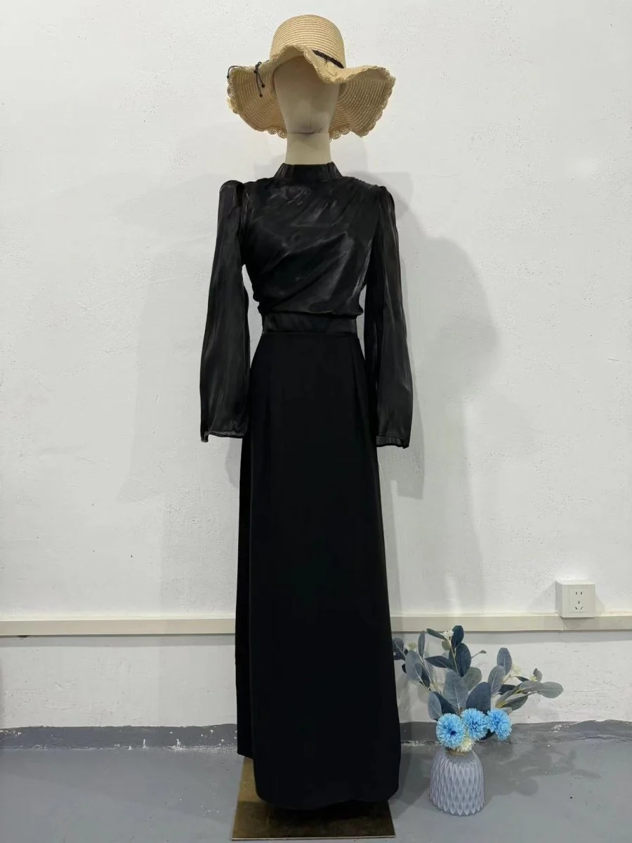 Elegant Half-Turtleneck Flared Sleeve French Pleated Dress Abaya (MA198) - Image 3
