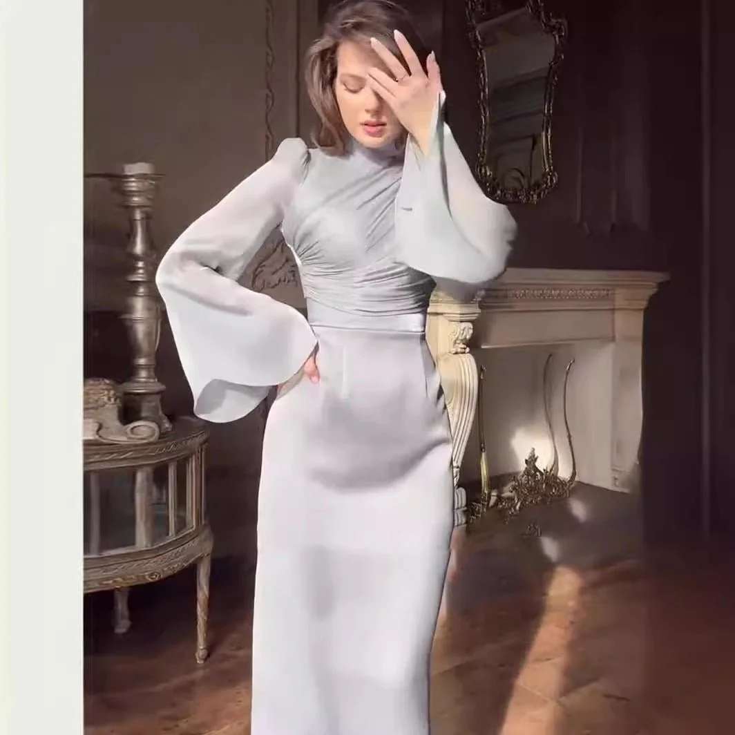 Elegant Half-Turtleneck Flared Sleeve French Pleated Dress Abaya (MA198) - Image 4