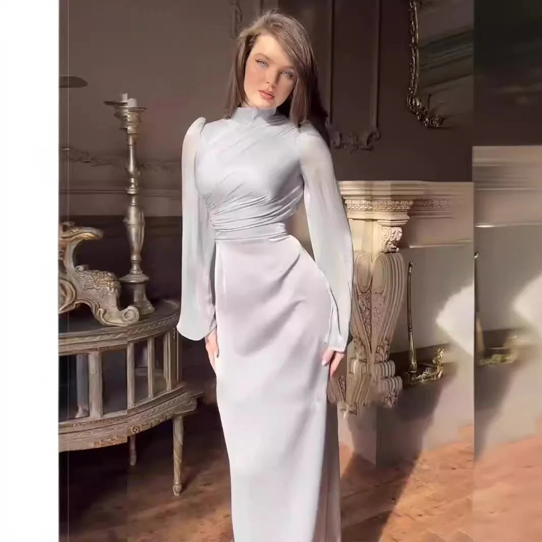 Elegant Half-Turtleneck Flared Sleeve French Pleated Dress Abaya (MA198) - Image 5