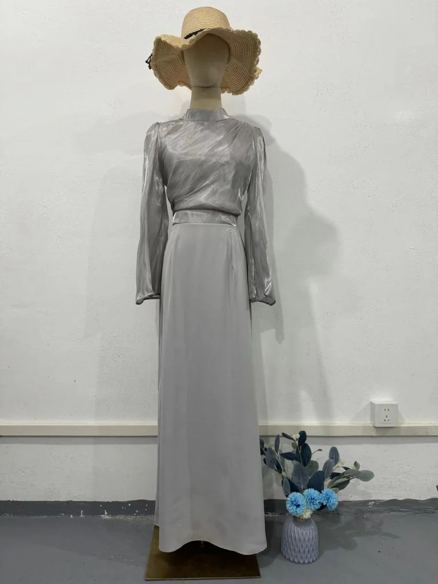 Elegant Half-Turtleneck Flared Sleeve French Pleated Dress Abaya (MA198) - Image 6
