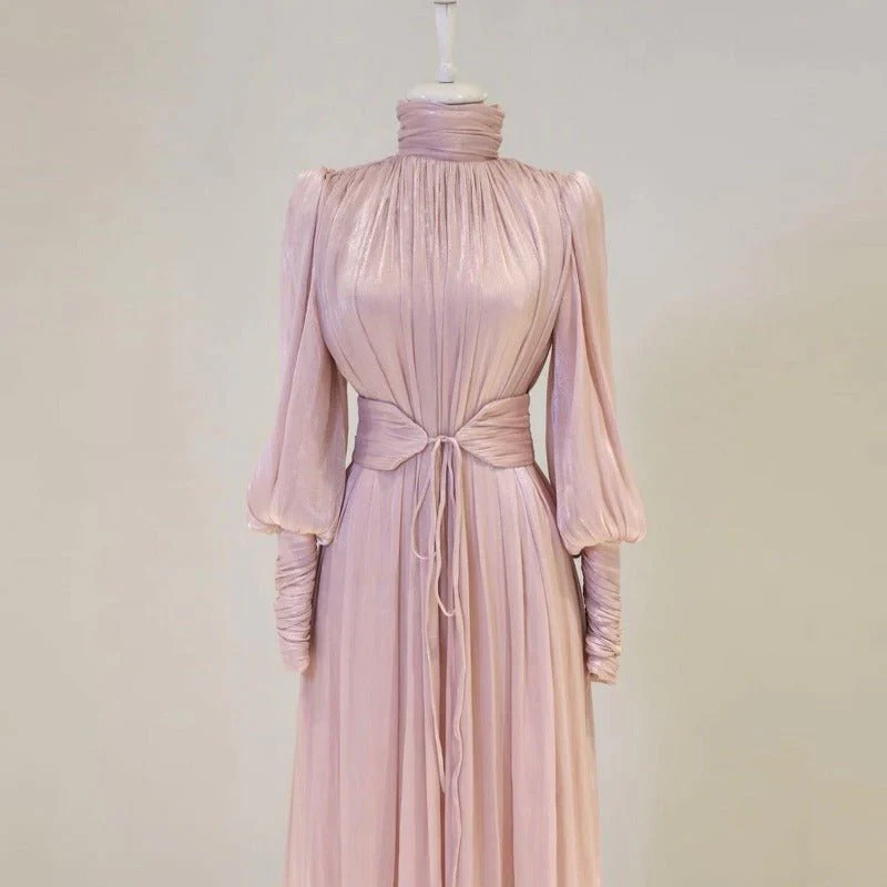 Elegant Half-Turtleneck Princess Sleeve Dress Set with Belt | Pleated Full Skirt Two-Piece(MA320)